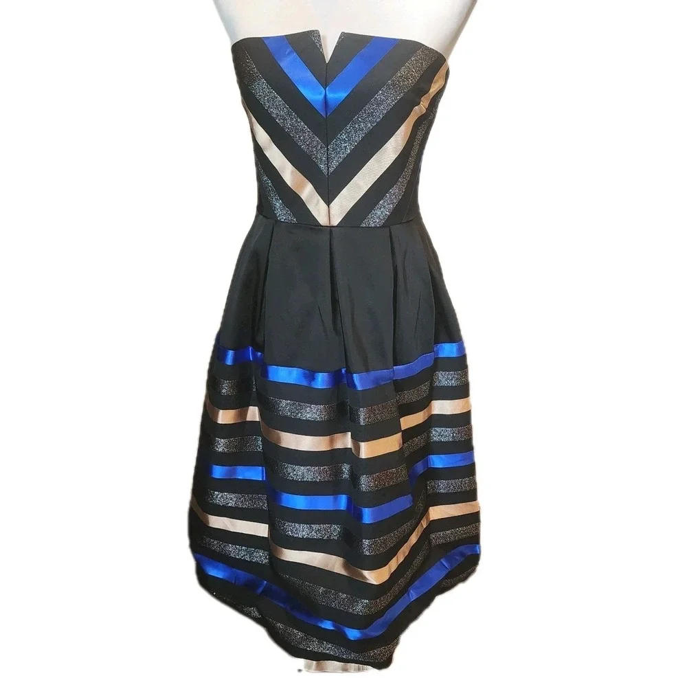 Shoshanna Fit and Flare Strapless Dress Womens 10 Black Gold‎ Blue Chevron NEW